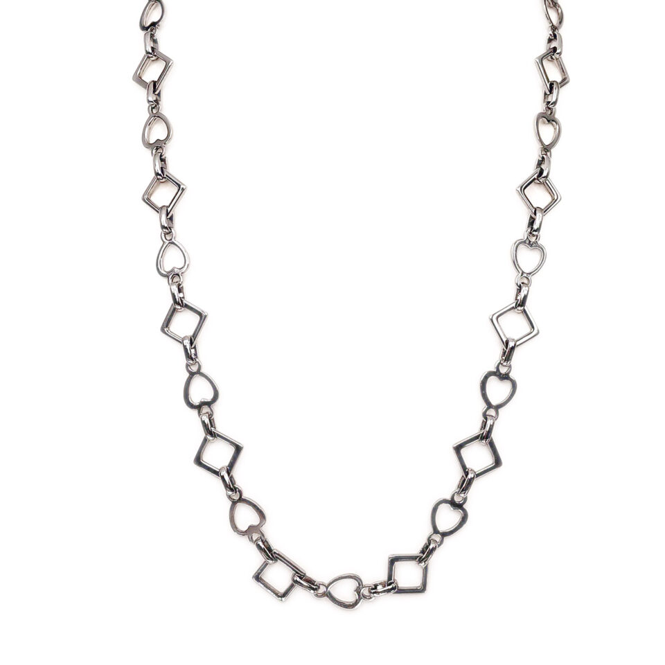 Κολιέ-αλυσίδα από ασημί ατσάλι-κρίκοι με σχέδιο καρδιά και ρόμβο