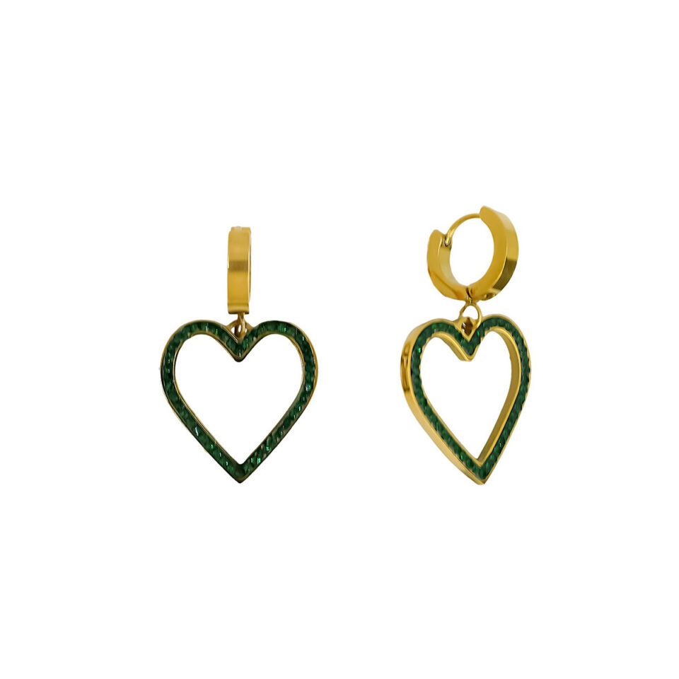 Σκουλαρίκια κρίκος-καρδιά με dark green στρας από επιχρυσωμένο ατσάλι