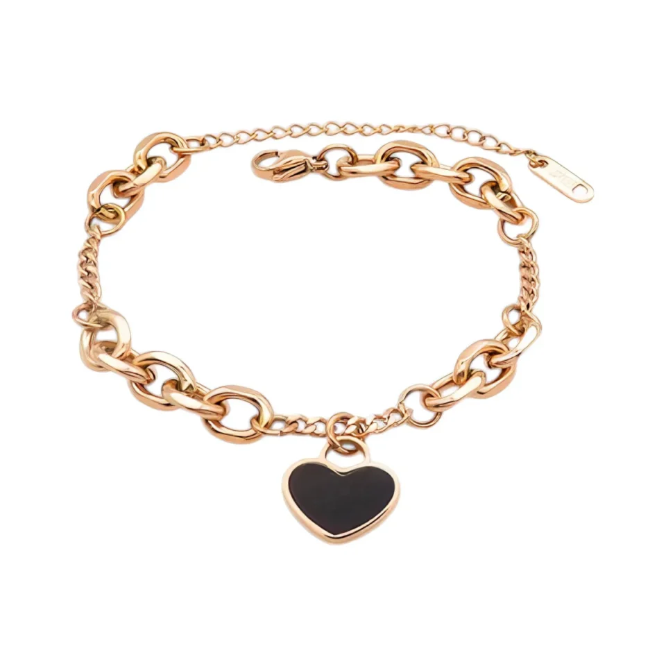 Charm bracelet ροζ χρυσό με μαύρη καρδιά