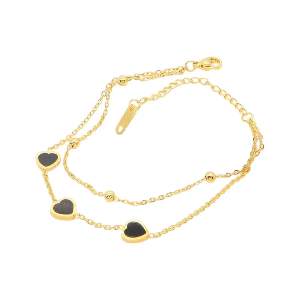Διπλό επιχρυσωμένο βραχιόλι με μαύρες καρδιές